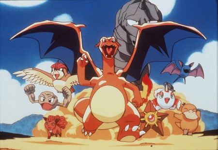 brightly colored anime pokemon characters running together, including the dragon-like charizard, boulder pokemon onix, fox-like vulpix, bat-like zubat, and more