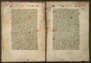 Pages eight and nine of the fragment of Nicholas Love’s early 15th-century Mirror of the Blessed Life of Jesus Christ at the Keep. The pages are from Chapter 34, on the raising of Lazarus, and the image shows the manuscript’s thread binding.