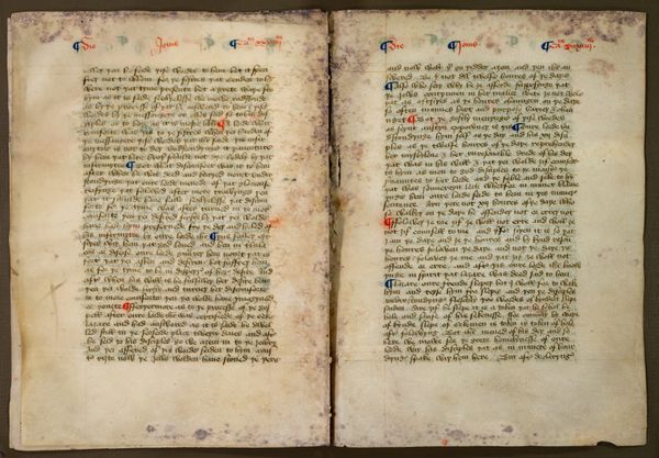 Pages eight and nine of the fragment of Nicholas Love’s early 15th-century Mirror of the Blessed Life of Jesus Christ at the Keep. The pages are from Chapter 34, on the raising of Lazarus, and the image shows the manuscript’s thread binding.