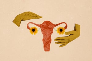 An illustration of ovaries, with flower details and two hands surrounding the organ