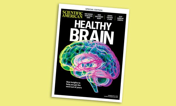 Cover of the Healthy Brain special edition issue of Scientific American against a yellow background.