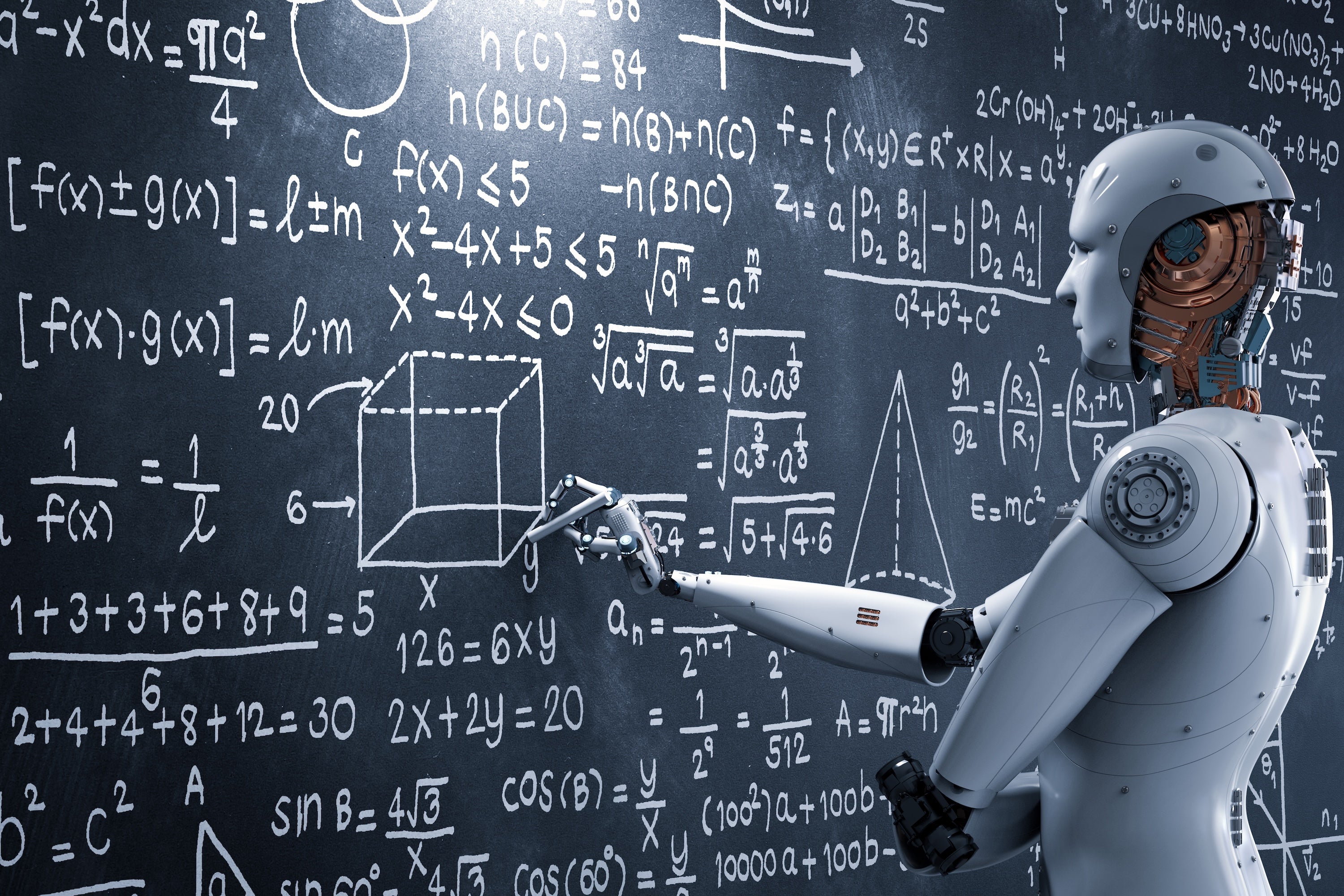 A humanoid robot holding a piece of chalk draws on an equation- and figure-filled blackboard.