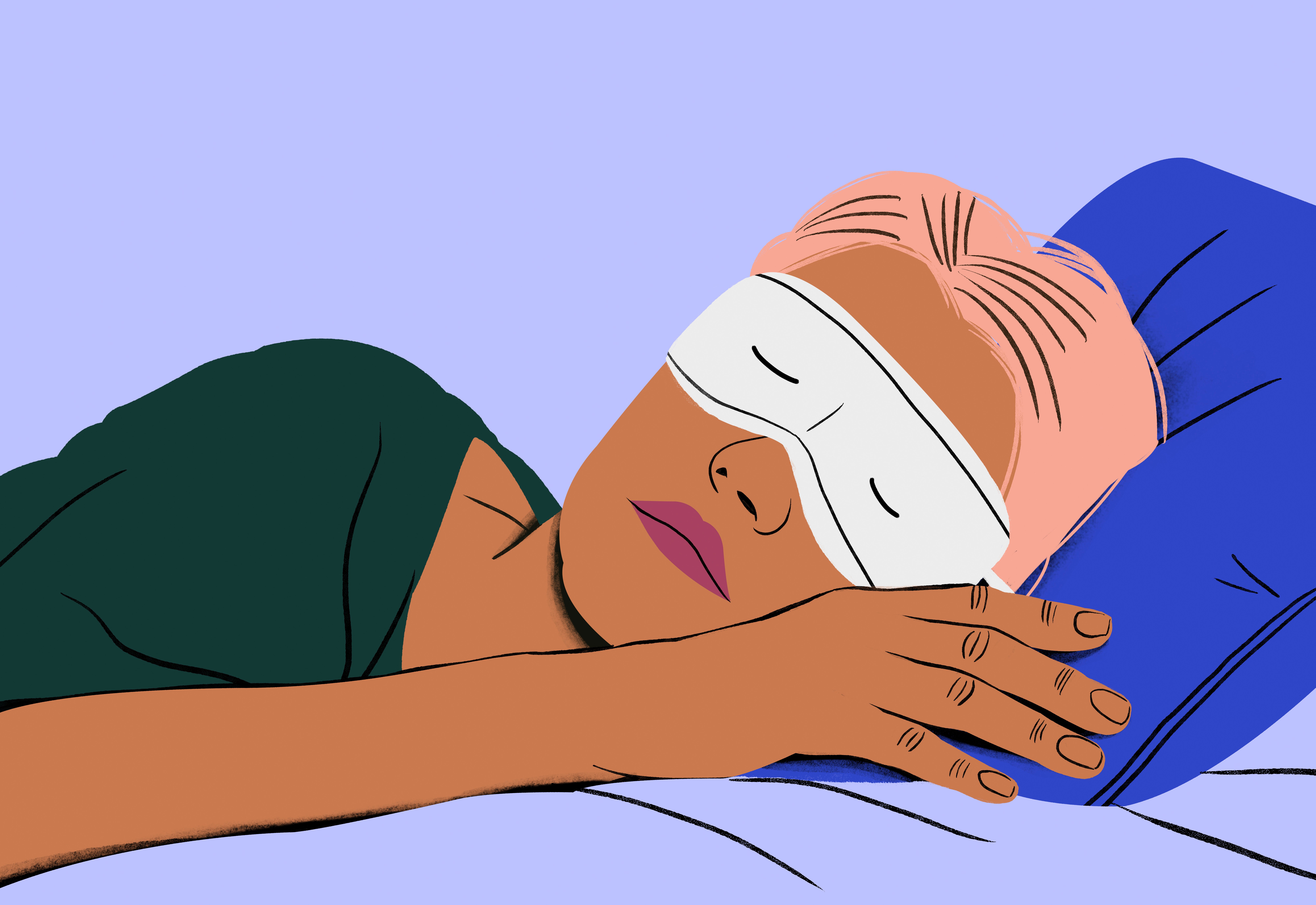 An illustration of a woman sleeping peacefully with an eye mask on a blue pillow.