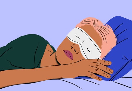 An illustration of a woman sleeping peacefully with an eye mask on a blue pillow.