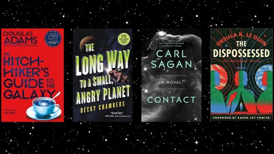Four book covers floating in space, including Hitchhikers Guide to the Galaxy, The Long Way to a Small and Angry Planet, Contact and The Dispossessed