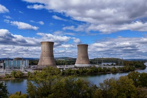 The shuttered Three Mile Island nuclear power plant, located in the middle of the Susquehanna River in Middletown, Pa., on October 16, 2024