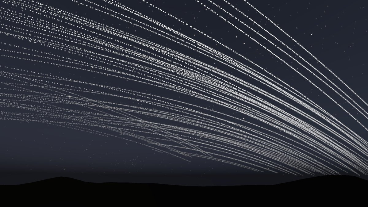 An animation showing bright rings of orbital data center satellites passing through the sky shortly after sunset.