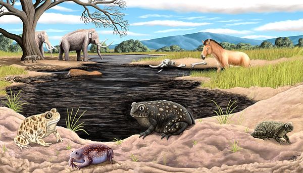 Several toads stand in the foreground of a large tar pit, with a mammoth and other large animals visible in the background.