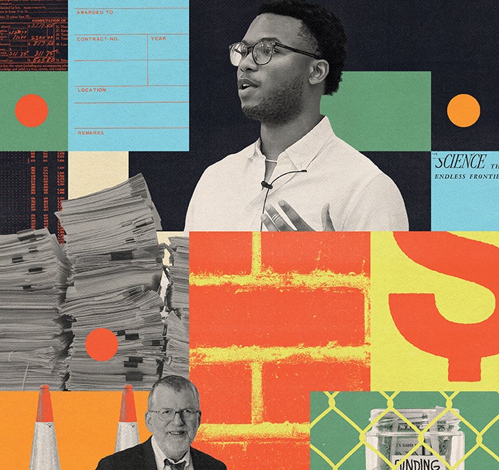 Collage illustration showing the perils of funding in science and including portraits of two individuals mentioned in the article. Illustration by Max-o-matic and photographs by Kata Sasvari and Willander Girón.