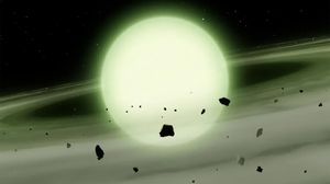 An illustration of a green-glowing white dwarf star surrounded by a disk of rocky debris.