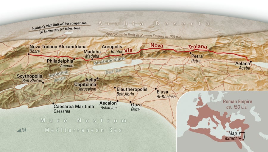 Map shows a stretch of the Roman Empire in 150 C.E. from the Arabian Desert to the Mediterranean Sea. A line traces the Via Nova Traiana from Bosra through Amman, Madaba, Rabba, and Petra to Aqaba.