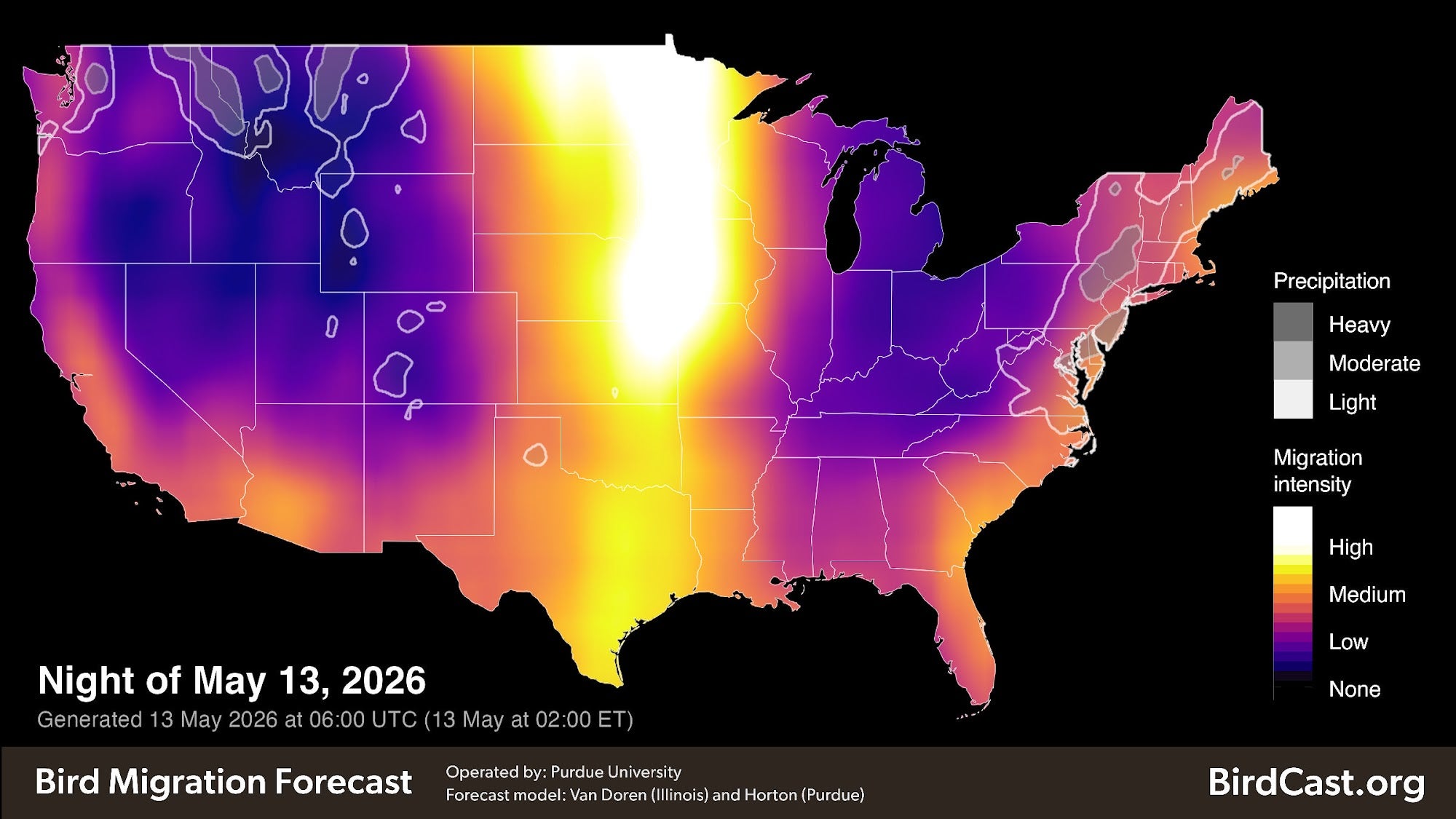 Map of the United States depicting the bird migration forecast for the night of May 13, 2026.