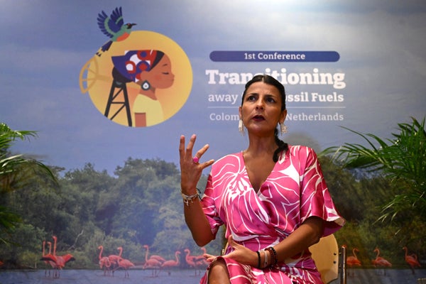A woman in a pink flowered dress sits in front of a backdrop showing a tropical forest and pink flamingoes in the water with a conference logo. She is gesturing with one hand.