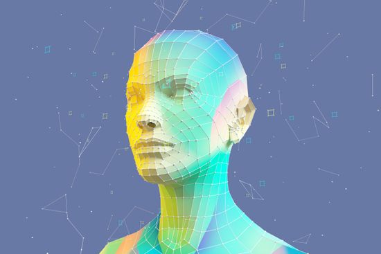 A 3D illustration of a person's head made of geometric shapes.