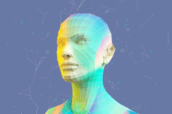 A 3D illustration of a person's head made of geometric shapes.