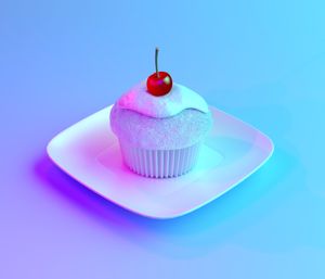 3d illustration of silver cupcake with holographic lighting, pastel minimalist style