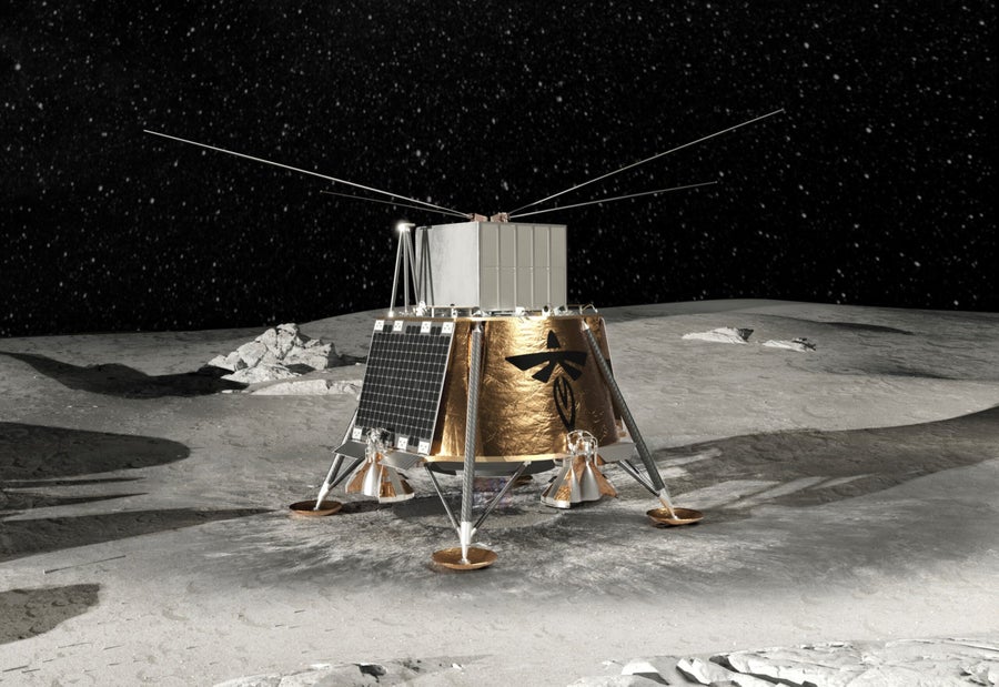 Artistic mock-up of a human-sized spacecraft sitting on the surface of the moon, with solar panels and antennas.