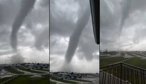 A triptych of three screen captures of a waterspout tornado taken from a mobile phone.