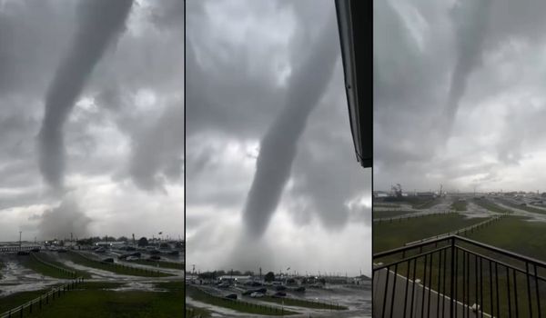 A triptych of three screen captures of a waterspout tornado taken from a mobile phone.