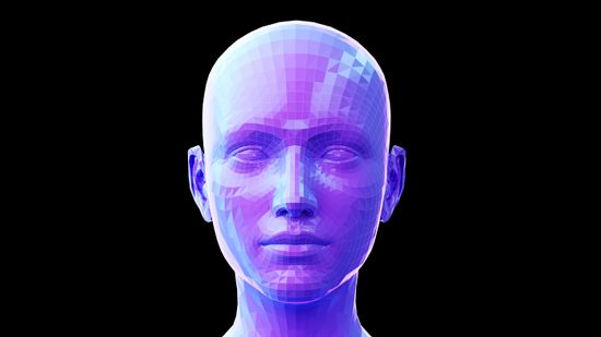 A digital illustration of a face in purple on a black background