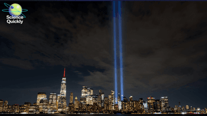 An image of 9/11 light tribute of twin beams shining in New York City's night skyline.