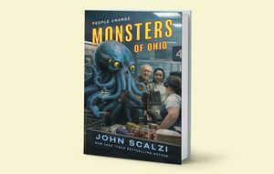 A monster with a squidlike head tries to pay at a grocery store in the cover of John Scalzi's Monsters of Ohio.