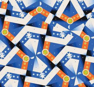 An illustration featuring complex, geometric tessellations of stars, moons, and orange cosmic Orbs across a blue and white patterned background.