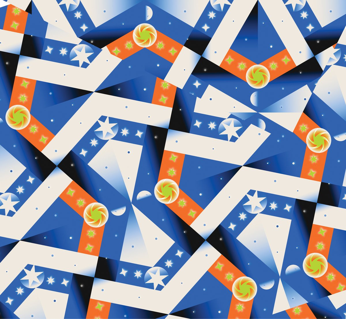 An illustration featuring complex, geometric tessellations of stars, moons, and orange cosmic Orbs across a blue and white patterned background.