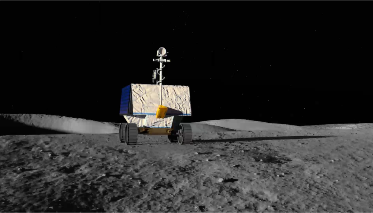 Screengrab from a short animation of NASA's Volatiles Investigating Polar Exploration Rover, or VIPER, roaming the surface of the moon.