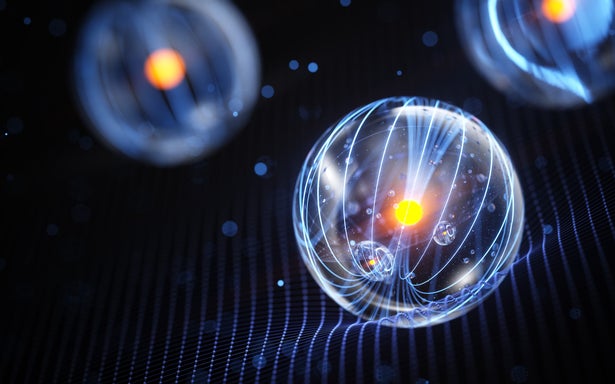 Abstract image shows quantum particles in superposition, each with a glowing yellow nucleus, used to illustrate a story about changing the arrow of time in a quantum system.