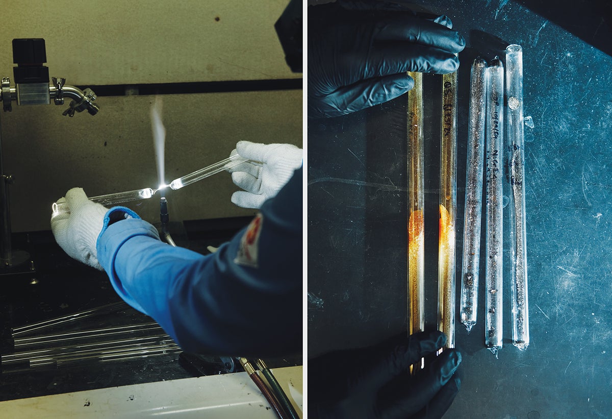 A researcher wearing white gloves seals a quartz tube to form the ampoule shape (left); A close up of five quartz tubes (right).