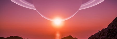 An illustration of a coastal landscape on Saturn's moon Titan, featuring the ringed planet and the sun setting over a hazy, otherworldly sea.