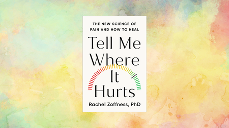 The cover of Tell Me Where it Hurts by Rachel Zoffness floating above and pastel multi-colored background