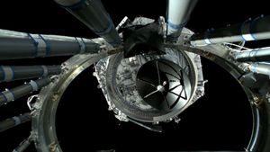 A view of the Nancy Grace Roman Space Telescope drifting away from the upper stage of its rocket to fly freely in space.