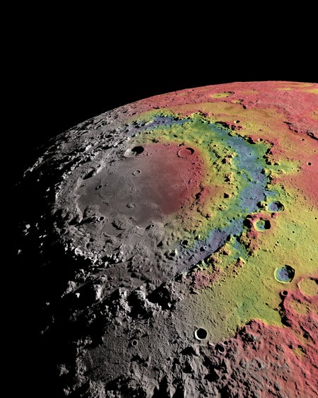 A false-color view of the moon's Orientale Basin.