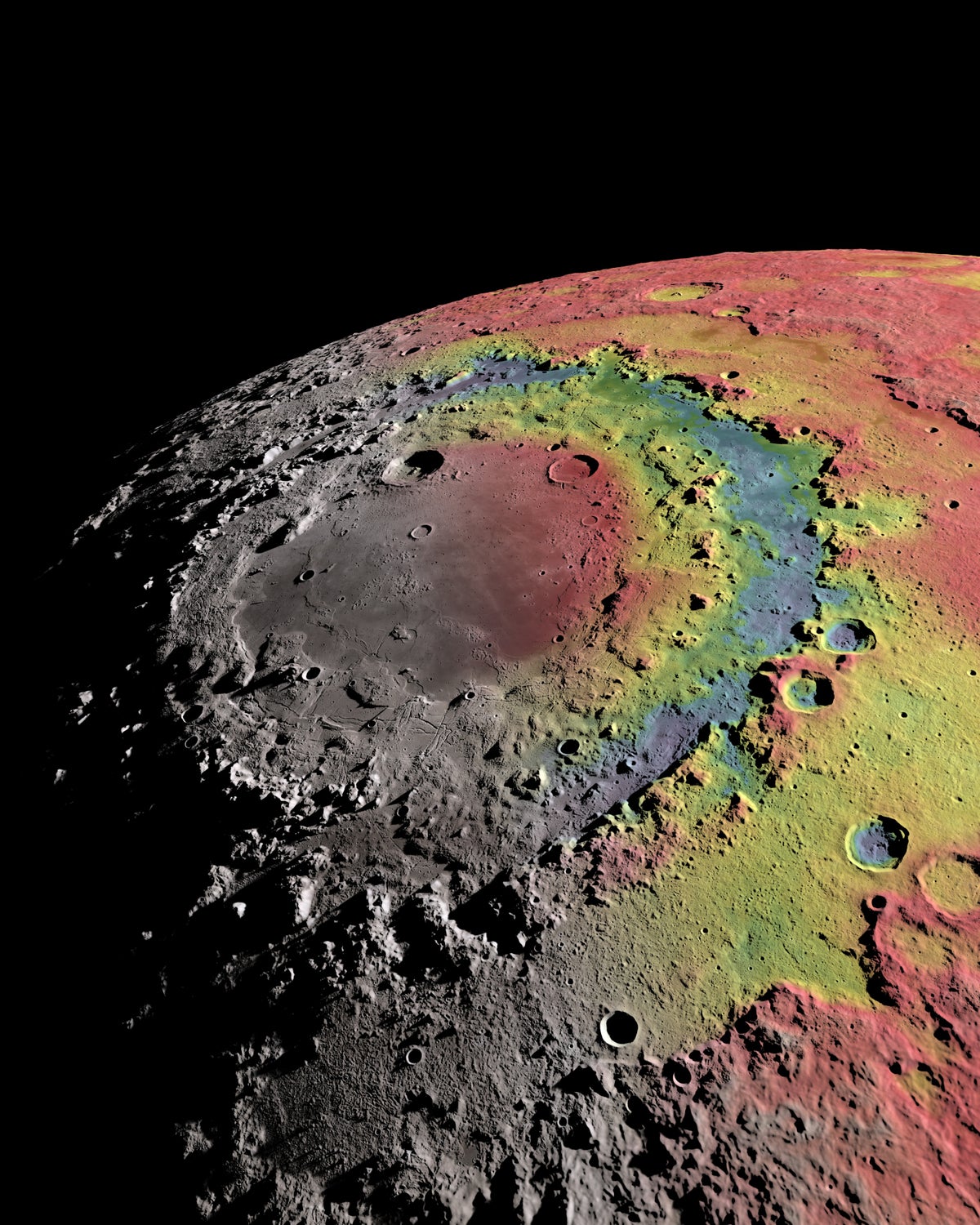 A false-color view of the moon's Orientale Basin. 