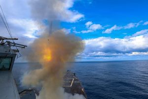 In this U.S. Navy released handout, Arleigh Burke-class guided-missile destroyer USS Thomas Hudner (DDG 116) fires a Tomahawk land attack missile in support of Operation Epic Fury, on March 1, 2026 at Sea.
