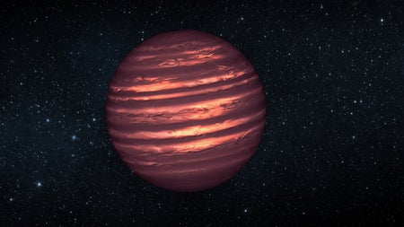 A reddish-brown orb striped with bands of cloud drifts against a starry background.