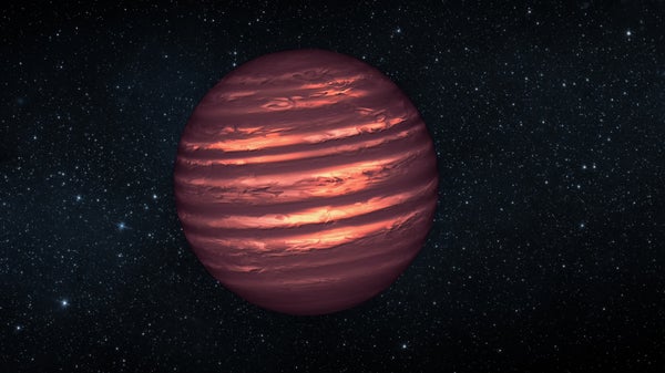 A reddish-brown orb striped with bands of cloud drifts against a starry background.