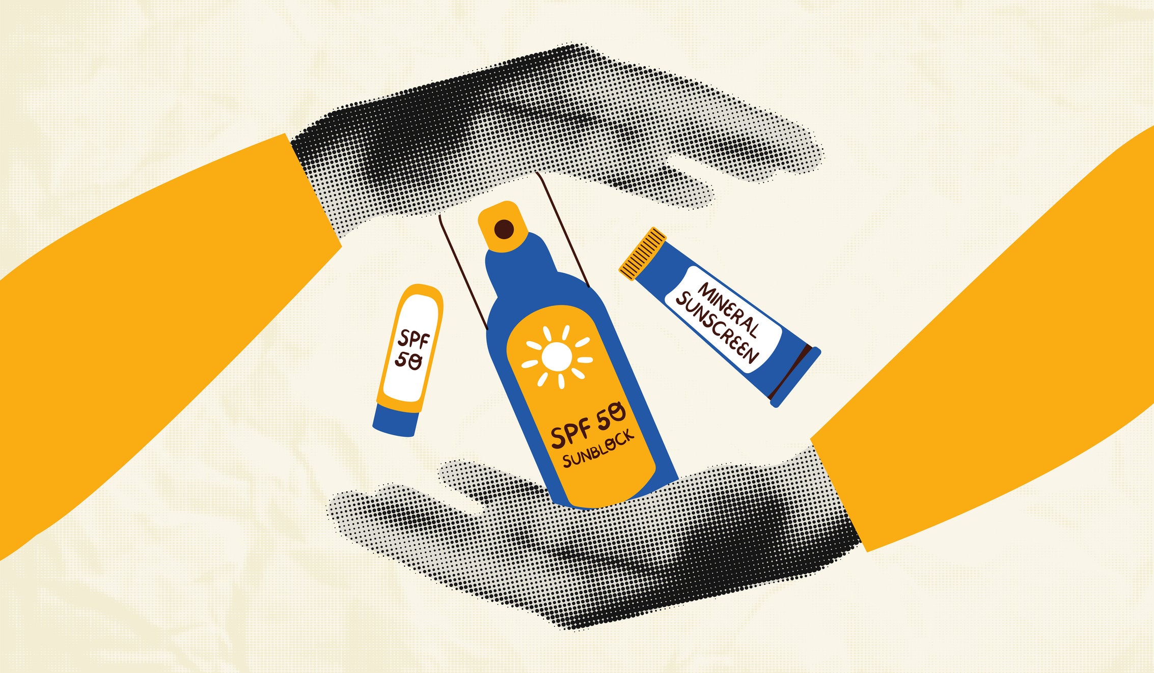 Hands holding sunscreen products collage