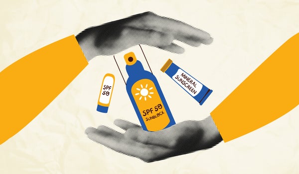 Hands holding sunscreen products collage