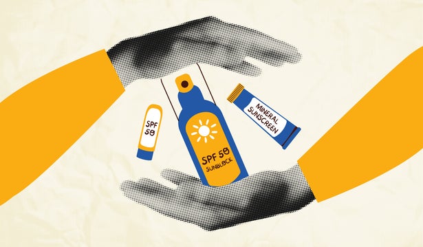 Hands holding sunscreen products collage