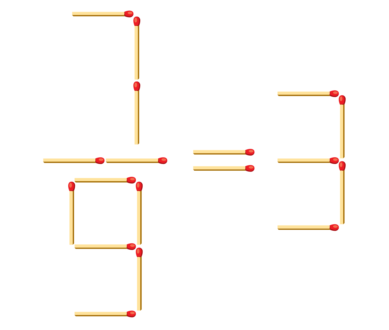 Illustration of 18 matches arranged at right angles to show the mathematical expression “seven ninths equals three.”