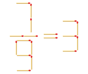 Illustration of 18 matches arranged at right angles to show the mathematical expression “seven ninths equals three.”