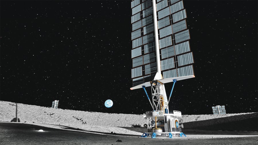 An illustration of a nuclear power plant on the moon with sails to dissipate heat.