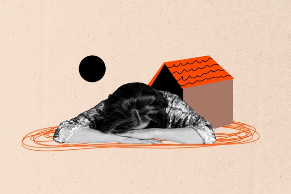 Collage of a person with their head down and a house in the background.
