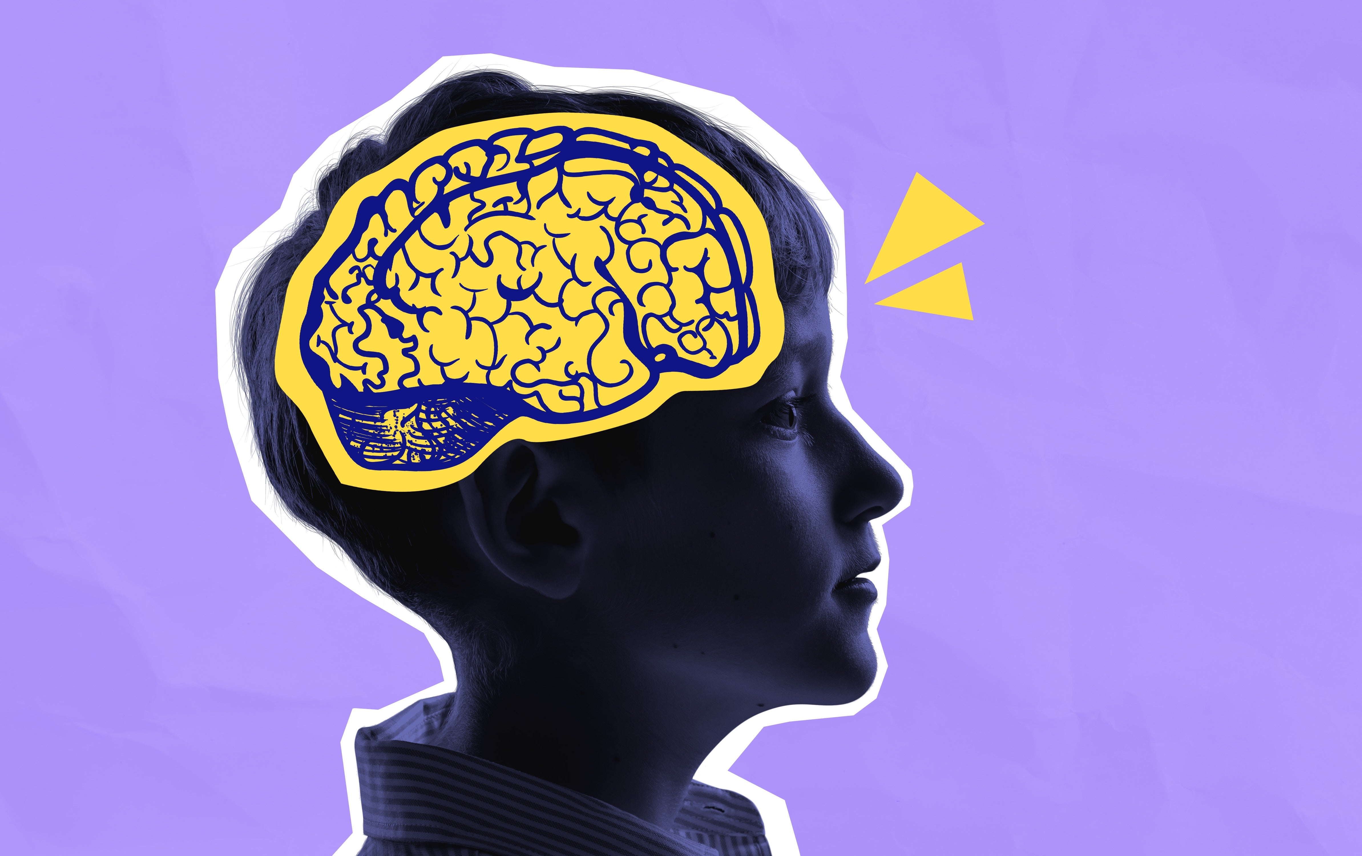 Side profile of a boy against a purple background with illustrated yellow brain overlay