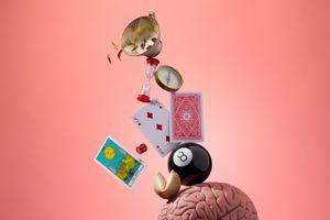 A photo-illustration of objects associated with chance and prediction—including a teacup with tea leaves, an hourglass, a compass, playing cards, a tarot card, dice, and an 8-ball floating above a model human brain against a pink background.