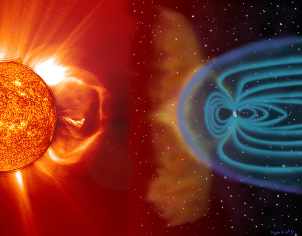 On the left, an image of the sun shown releasing a bubble of material toward the center of the image. On the right, an image of Earth surrounded by a complicated sheath of lines indicating the magnetosphere.