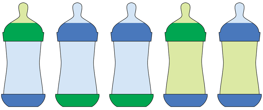 Graphic shows an example of a derangement of 5 bottles. Bottle 1 has a green top, blue middle and blue base; bottles 2 and 3 both have a blue top, blue middle and green base; bottle 4 has a green top, green middle and blue base; and bottle 5 has a blue top, green middle and blue base.